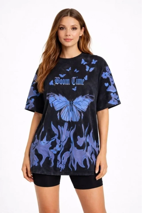 Bidebuvar Asit Yıkamalı Oversize Tişört Mavi Kelebek Baskılı Dijital Print Bisiklet Yaka Streetwear T-Shirt - Siyah
