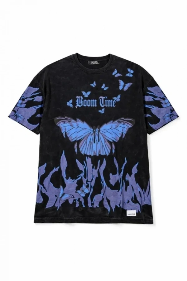 Bidebuvar Asit Yıkamalı Oversize Tişört Mavi Kelebek Baskılı Dijital Print Bisiklet Yaka Streetwear T-Shirt - Siyah