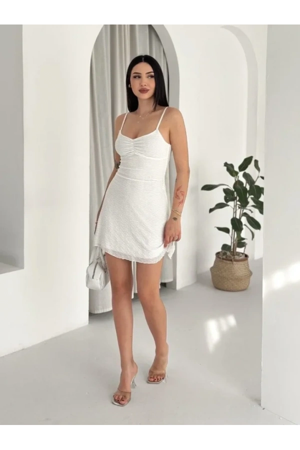 Bidebuvar Askılı Mini Elbise Drapeli Göğüs Detay Likralı Yazlık Fit - Beyaz