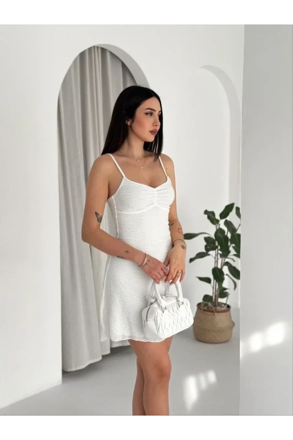 Bidebuvar Askılı Mini Elbise Drapeli Göğüs Detay Likralı Yazlık Fit - Beyaz