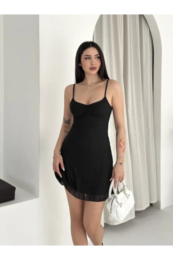 Bidebuvar Askılı Mini Elbise Drapeli Göğüs Detay Likralı Yazlık Fit - Siyah