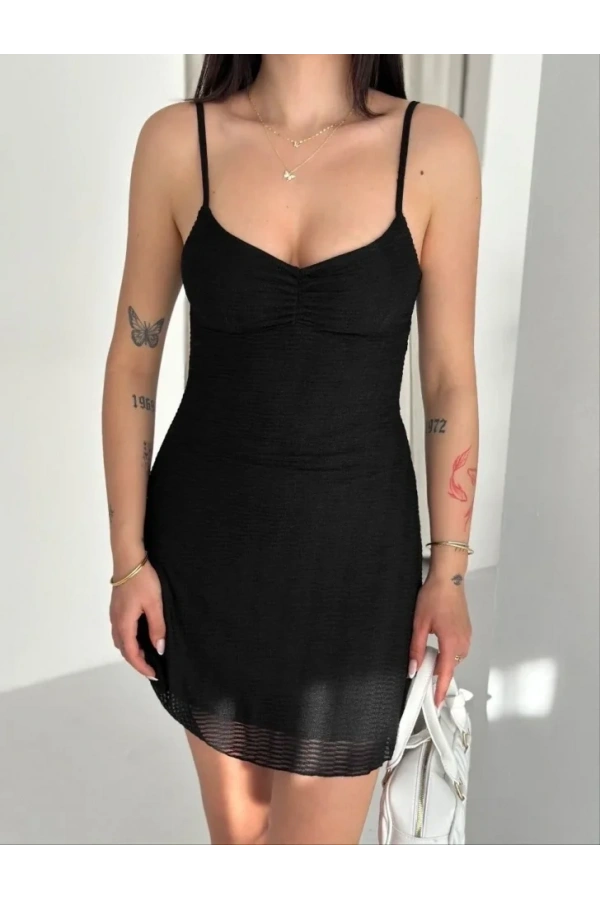 Bidebuvar Askılı Mini Elbise Drapeli Göğüs Detay Likralı Yazlık Fit - Siyah