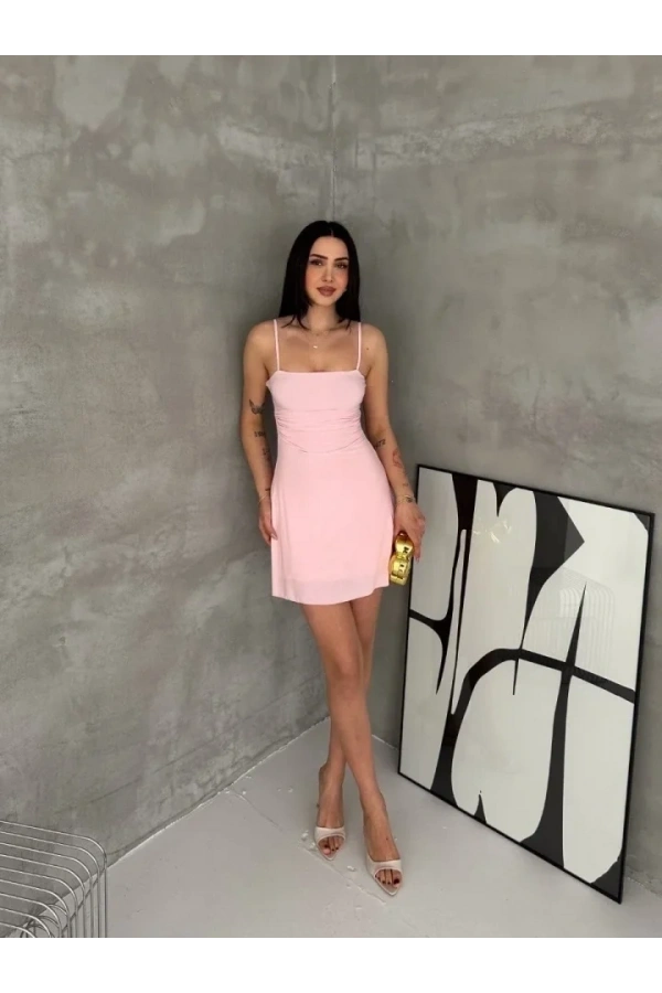 Bidebuvar Askılı Şifon Mini Elbise Drapeli Bel Vücuda Oturan Yazlık Şık - Pembe