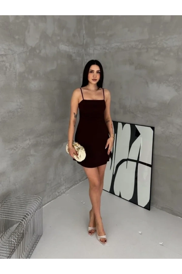 Bidebuvar Askılı Şifon Mini Elbise Drapeli Bel Vücuda Oturan Yazlık Şık - Siyah