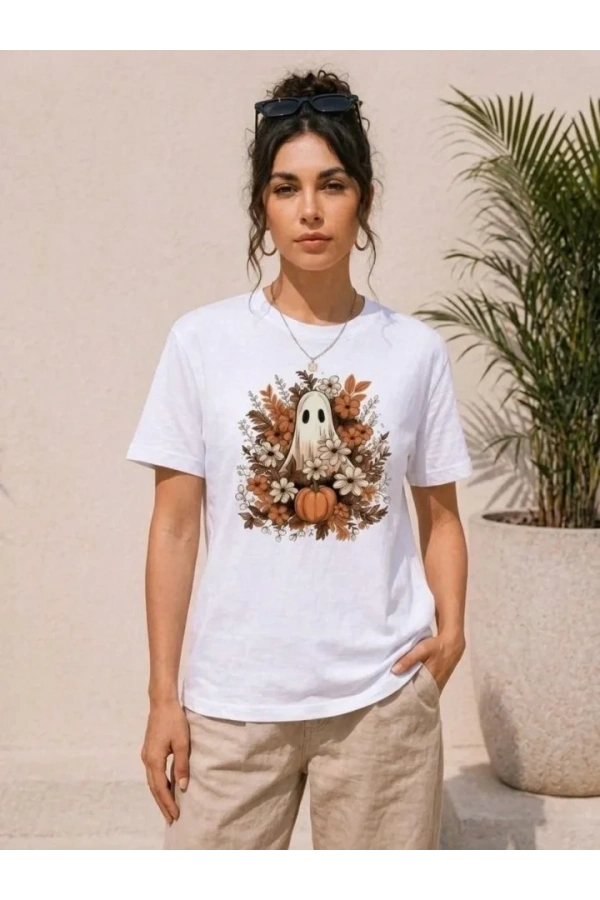 Bidebuvar Balkabağı Hayalet Baskılı Tişört Kısa Kol Yazlık T-Shirt - Beyaz
