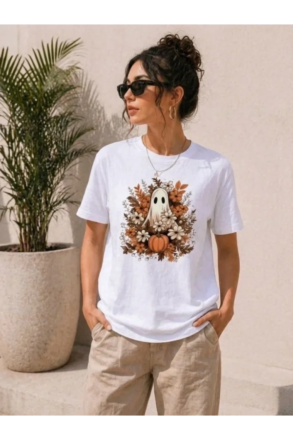 Bidebuvar Balkabağı Hayalet Baskılı Tişört Kısa Kol Yazlık T-Shirt - Beyaz