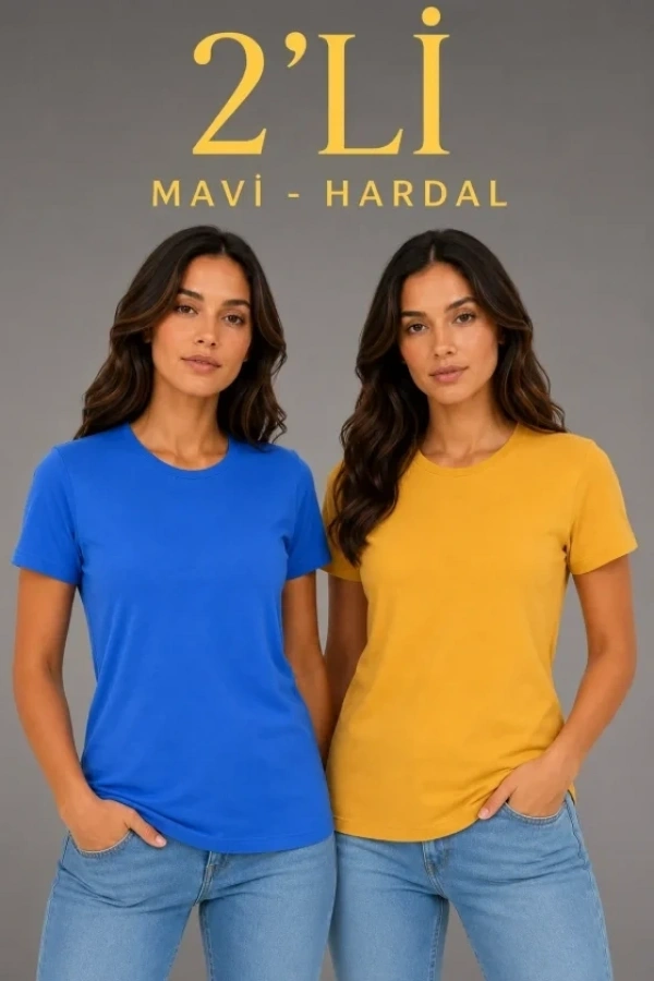 Bidebuvar Basic Bisiklet Yaka Yazlık Slim Fit T-Shirt - Mavi - Hardal Sarısı