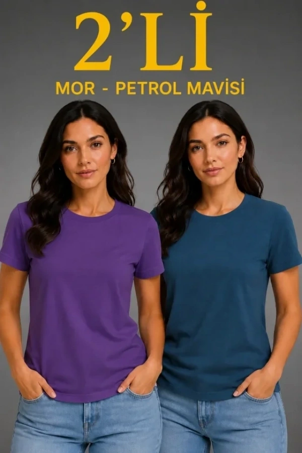 Bidebuvar Basic Bisiklet Yaka Yazlık Slim Fit T-Shirt - Mor - Petrol Mavisi