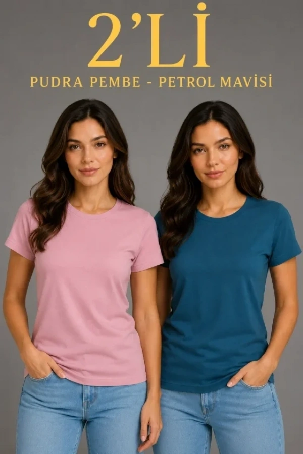 Bidebuvar Basic Bisiklet Yaka Yazlık Slim Fit T-Shirt - Pudra Pembe - Petrol Mavi