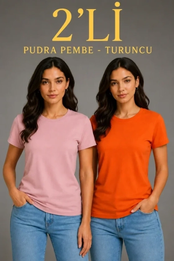 Bidebuvar Basic Bisiklet Yaka Yazlık Slim Fit T-Shirt - Pudra Pembe - Turuncu