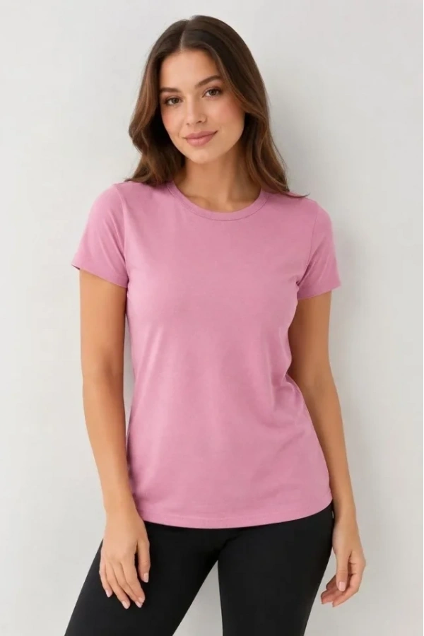 Bidebuvar Basic Bisiklet Yaka Yazlık Slim Fit T-Shirt - Pudra Pembe - Turuncu