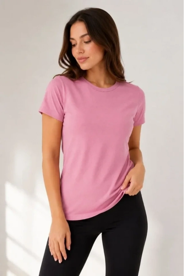 Bidebuvar Basic Bisiklet Yaka Yazlık Slim Fit T-Shirt - Pudra Pembe - Turuncu