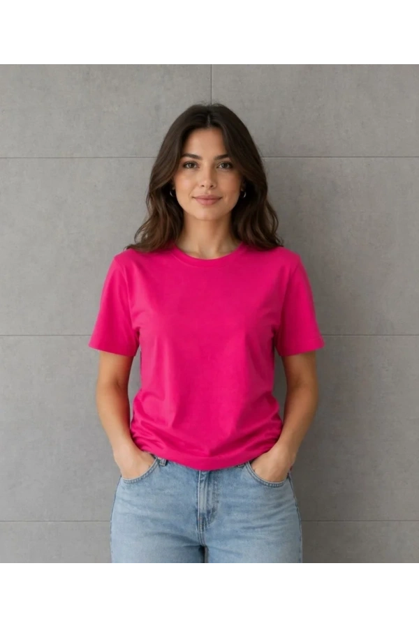 Bidebuvar Basic Pamuklu Tişört Bisiklet Yaka Düz Renk Relaxed Fit T-Shirt - Fuşya