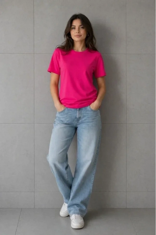 Bidebuvar Basic Pamuklu Tişört Bisiklet Yaka Düz Renk Relaxed Fit T-Shirt - Fuşya