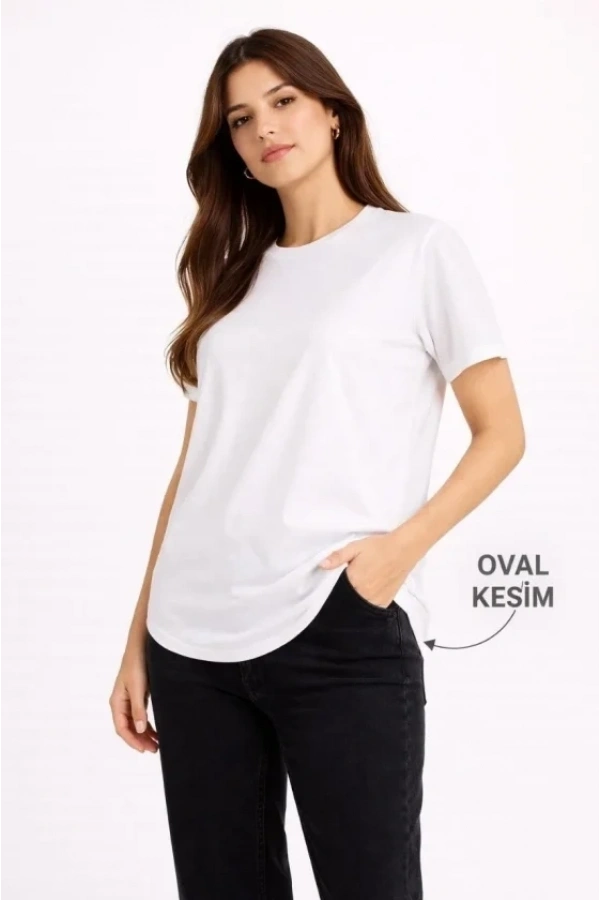 Bidebuvar Basic T-Shirt Kısa Kol Bisiklet Yaka Oval Kesim Tişört - Beyaz