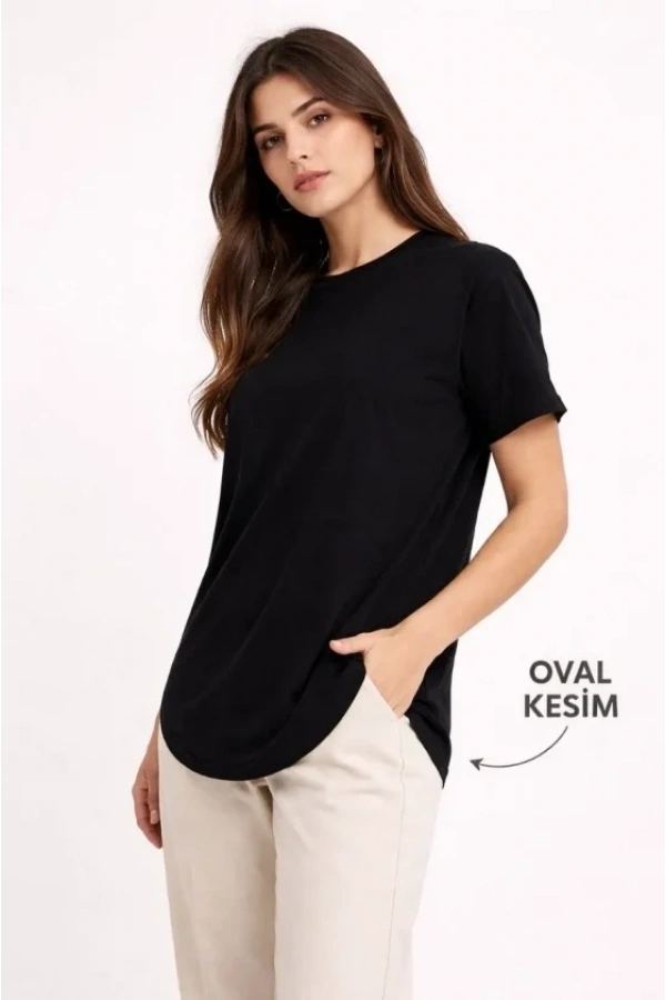 Bidebuvar Basic T-Shirt Kısa Kol Bisiklet Yaka Oval Kesim Tişört - Siyah