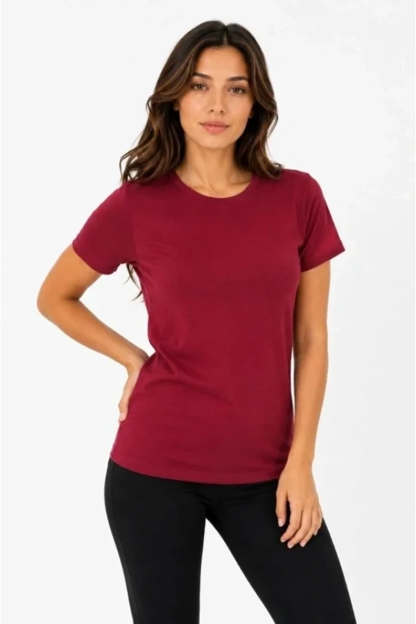 Bidebuvar Basic Tişört Bisiklet Yaka Kısa Kol Günlük Yazlık Slim Fit T-Shirt - Bordo