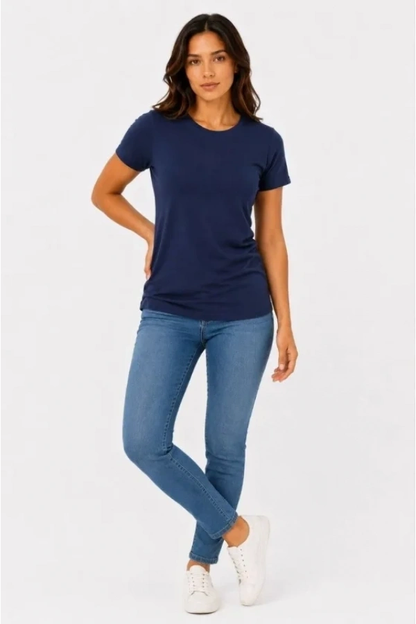 Bidebuvar Basic Tişört Bisiklet Yaka Kısa Kol Günlük Yazlık Slim Fit T-Shirt - Lacivert