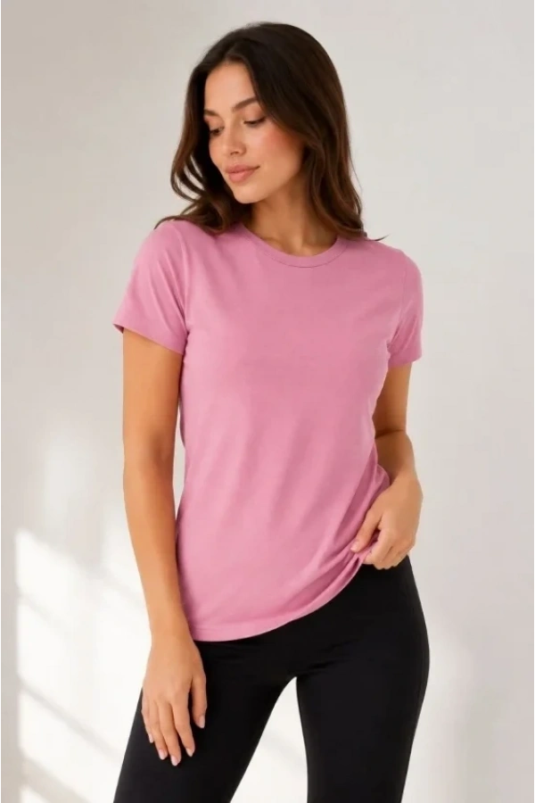 Bidebuvar Basic Tişört Bisiklet Yaka Kısa Kol Günlük Yazlık Slim Fit T-Shirt - Pembe