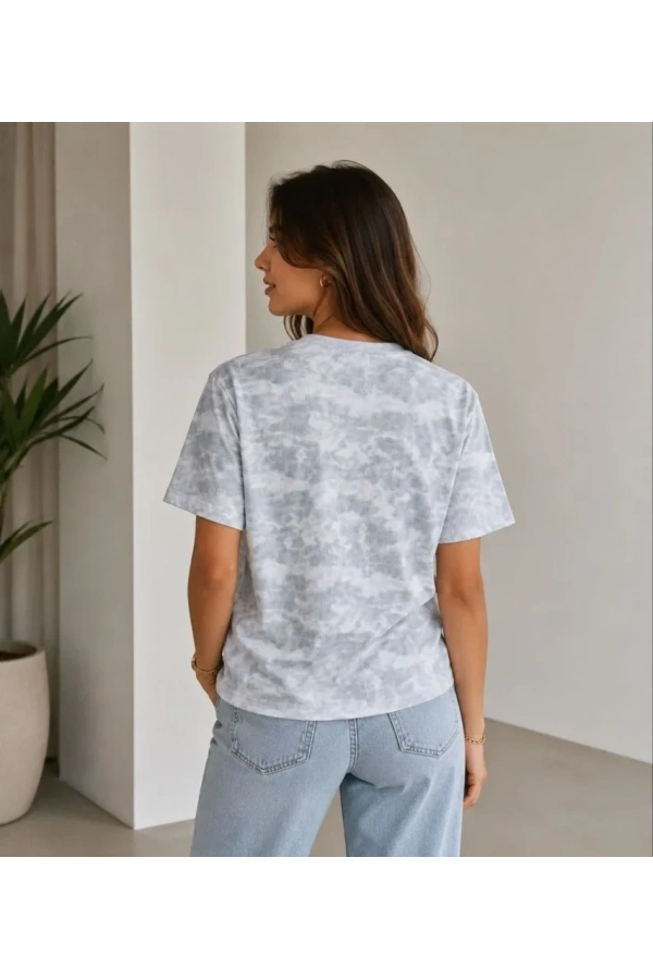 Bidebuvar Batik Desenli Tişört Bisiklet Yaka Kısa Kol Regular Fit T-shirt - Gri
