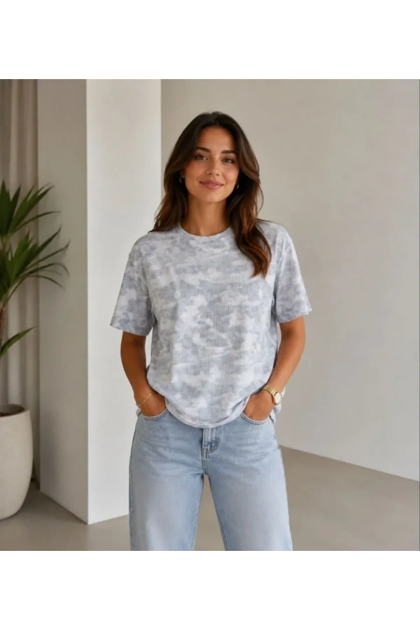 Bidebuvar Batik Desenli Tişört Bisiklet Yaka Kısa Kol Regular Fit T-shirt - Gri