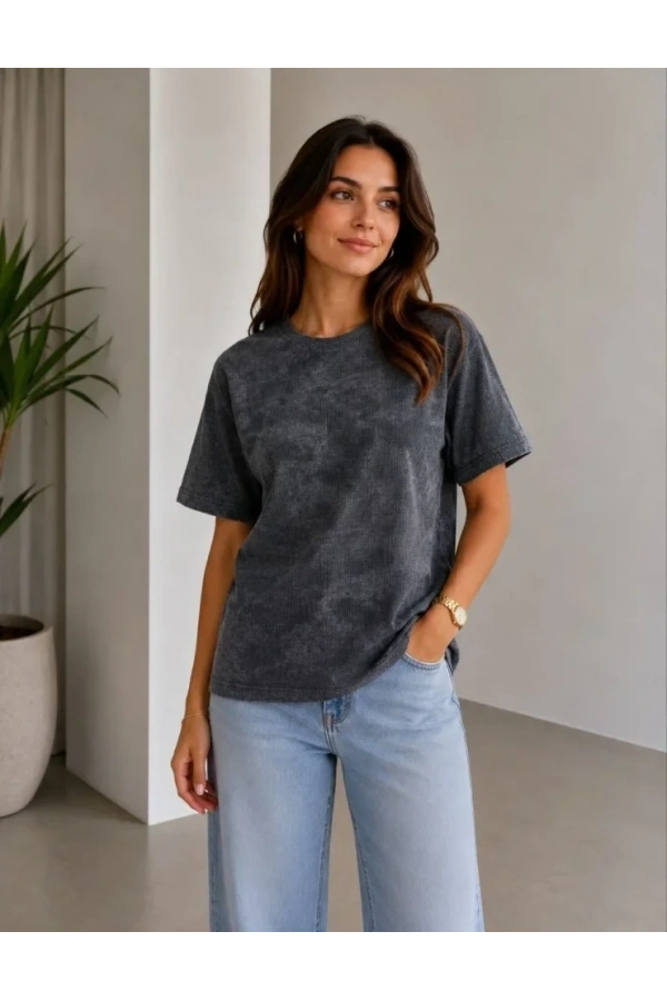 Bidebuvar Batik Desenli Tişört Bisiklet Yaka Kısa Kol Regular Fit T-shirt - Siyah