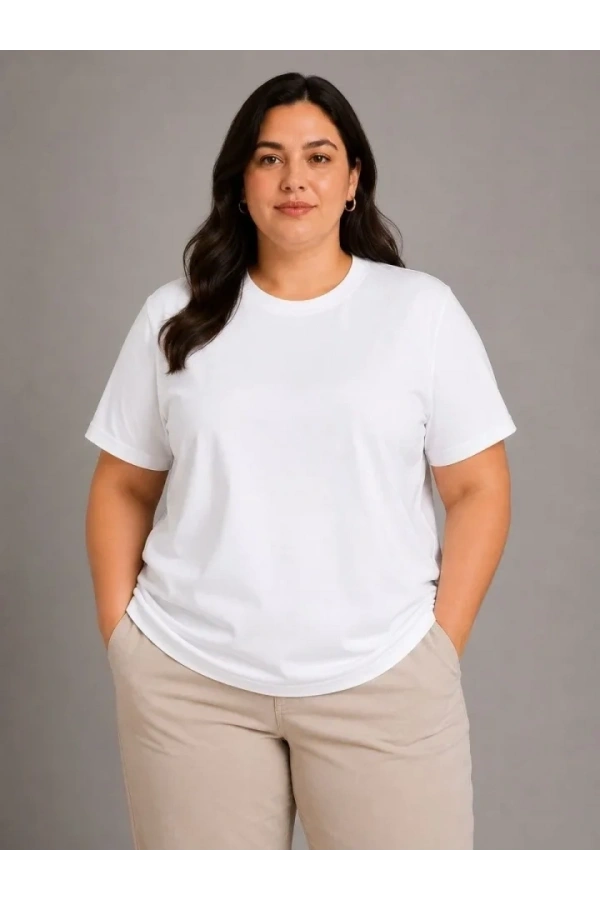Bidebuvar Battal Big Size Basic Tişört Bisiklet Yaka Rahat Kalıp T-Shirt - Beyaz