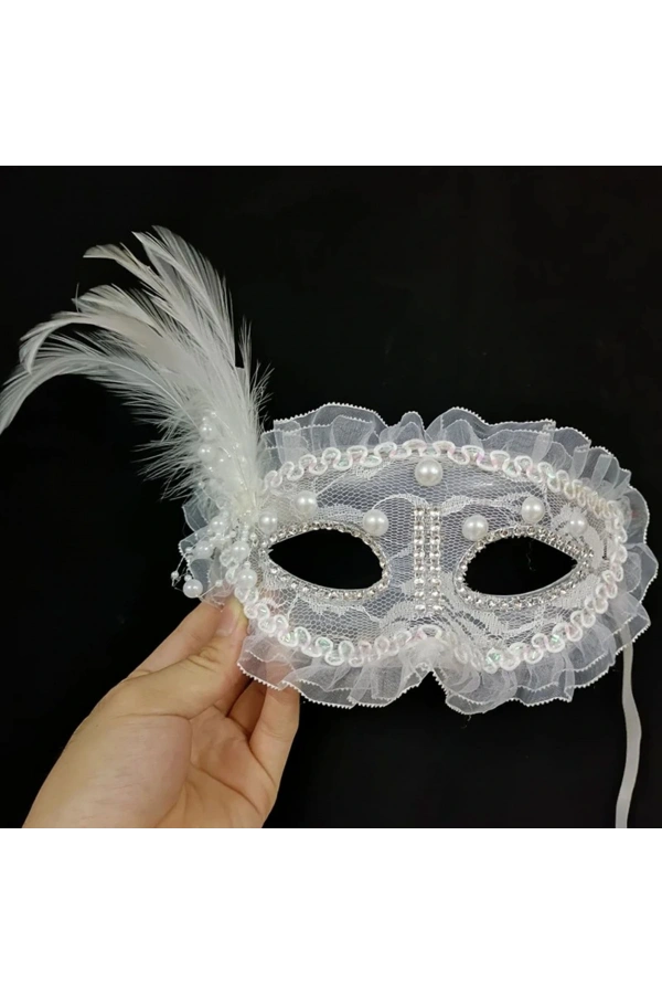 Bidebuvar Beyaz İnci Taşlı Parti Maskesi