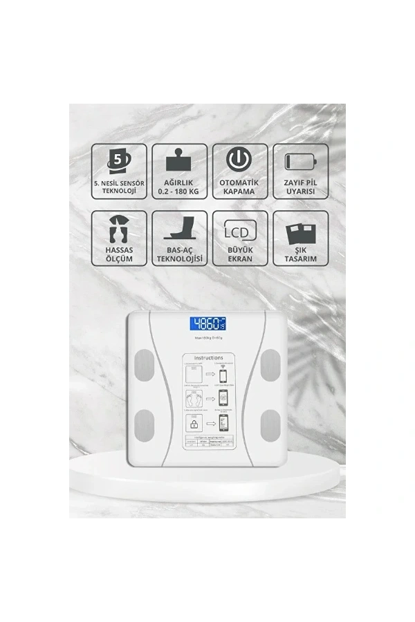 Bidebuvar Beyaz Renk Bluetooth Özellikli Akıllı Tartı