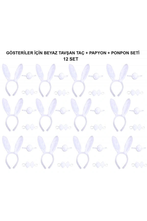 Bidebuvar Beyaz Tavşan Kostüm Seti – Taç, Papyon, Kuyruk (12’li Paket)
