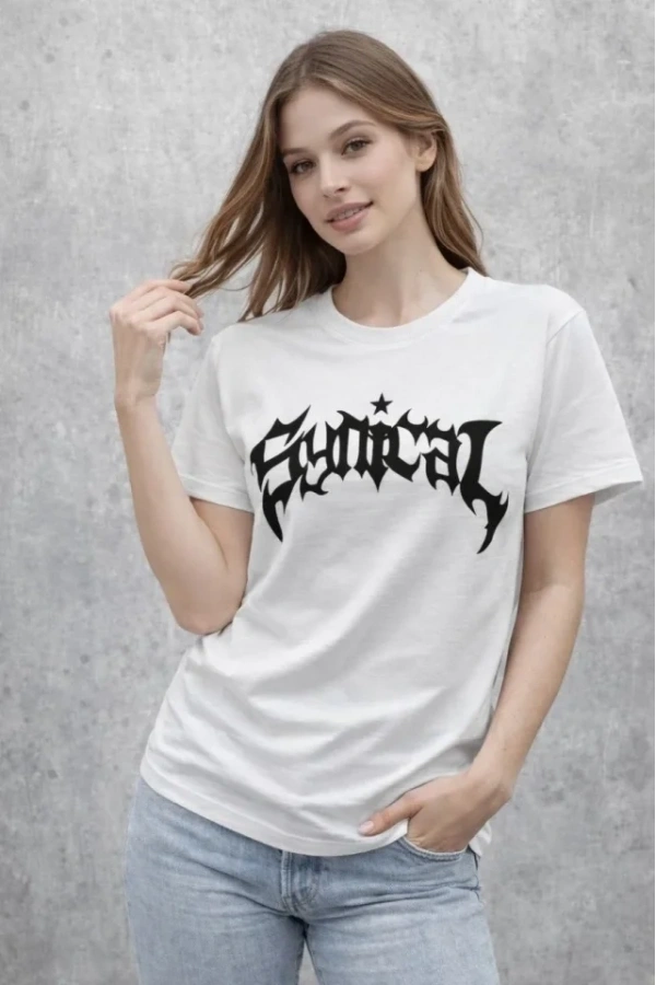 Bidebuvar Bisiklet Yaka Ön Baskılı Kısa Kollu Tişört Streetwear Günlük Basic Pamuklu T-shirt - Beyaz