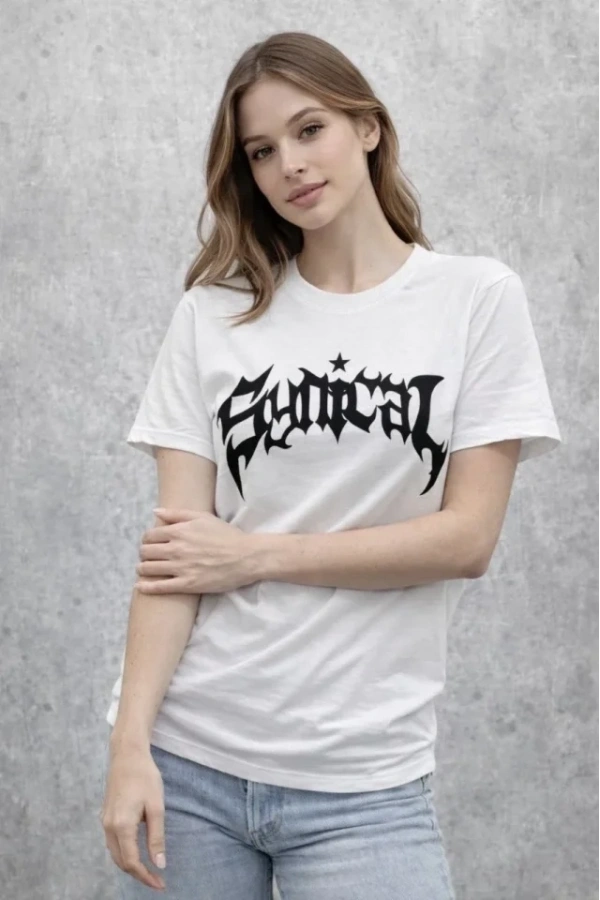 Bidebuvar Bisiklet Yaka Ön Baskılı Kısa Kollu Tişört Streetwear Günlük Basic Pamuklu T-shirt - Beyaz