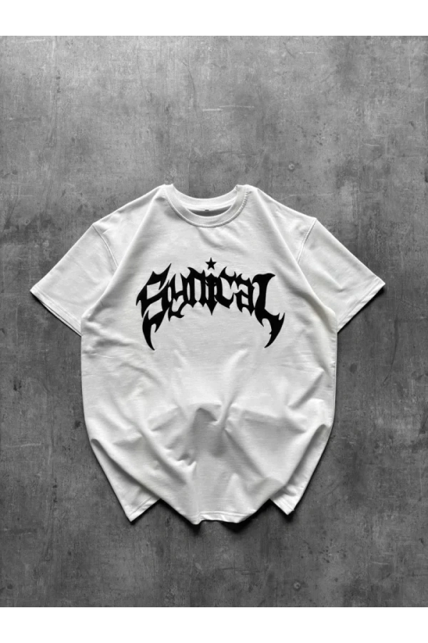 Bidebuvar Bisiklet Yaka Ön Baskılı Kısa Kollu Tişört Streetwear Günlük Basic Pamuklu T-shirt - Beyaz