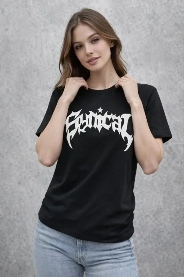 Bidebuvar Bisiklet Yaka Ön Baskılı  Kısa Kollu Tişört Streetwear Günlük Basic Pamuklu T-shirt - Siyah