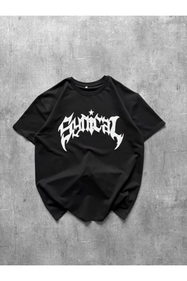 Bidebuvar Bisiklet Yaka Ön Baskılı  Kısa Kollu Tişört Streetwear Günlük Basic Pamuklu T-shirt - Siyah