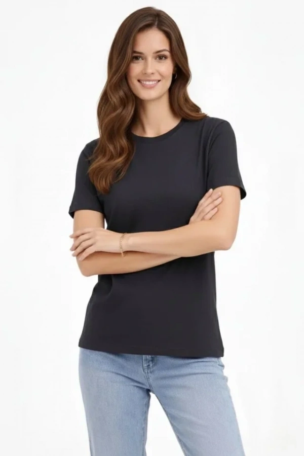 Bidebuvar Bisiklet Yaka Tişört Regular Kalıp Basic Pamuklu Günlük Kullanım T-shirt - Füme