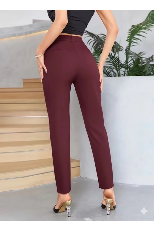 Bidebuvar Bordo Renk Yüksek Bel Maskülen Kesim Kumaş Pantolon