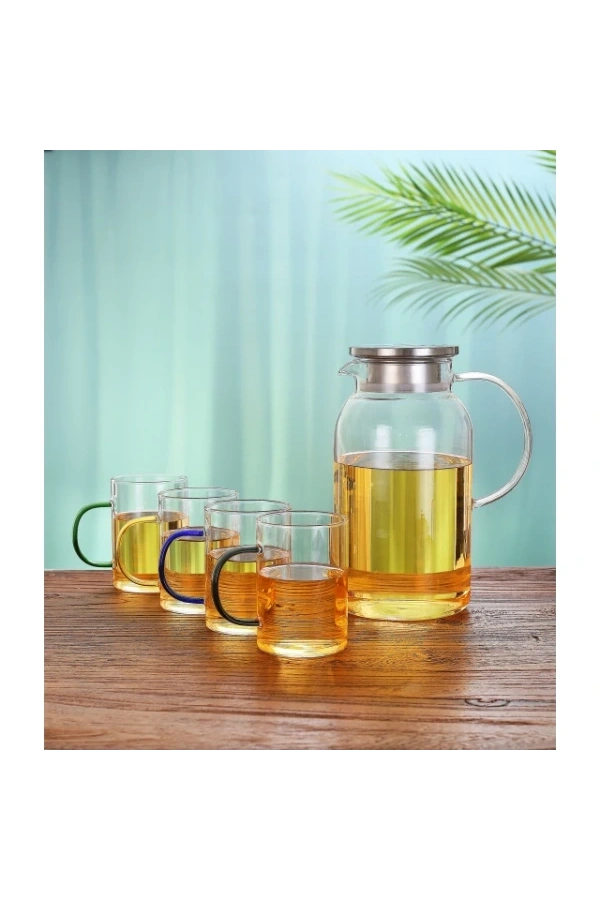 Bidebuvar Borosilikat Cam Sürahi ve 4lü Fincan Seti