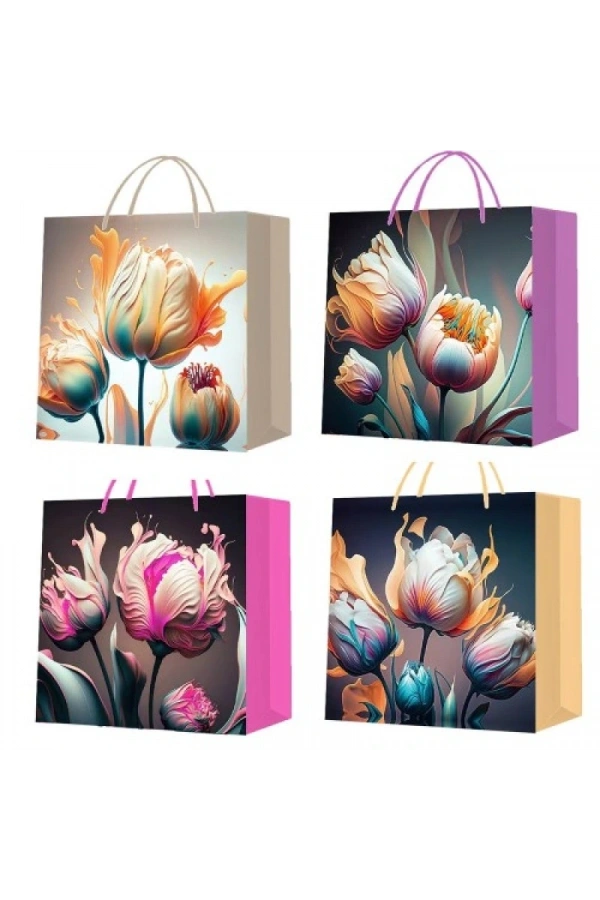 Bidebuvar Büyük Boy Lale Desenli Karton Hediye Çantası