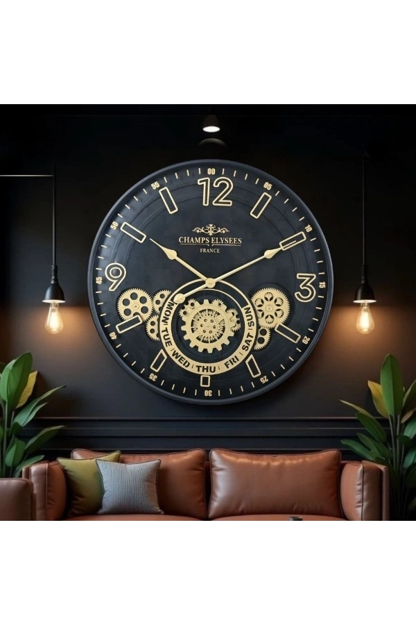 Bidebuvar Çarklı Duvar Saati Altın Rengi Detaylı 59 cm