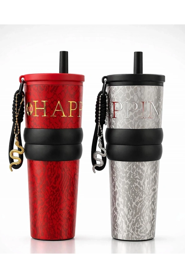 Bidebuvar Charm Detaylı Pipetli Çift Katmanlı Vakumlu Termos Bardak