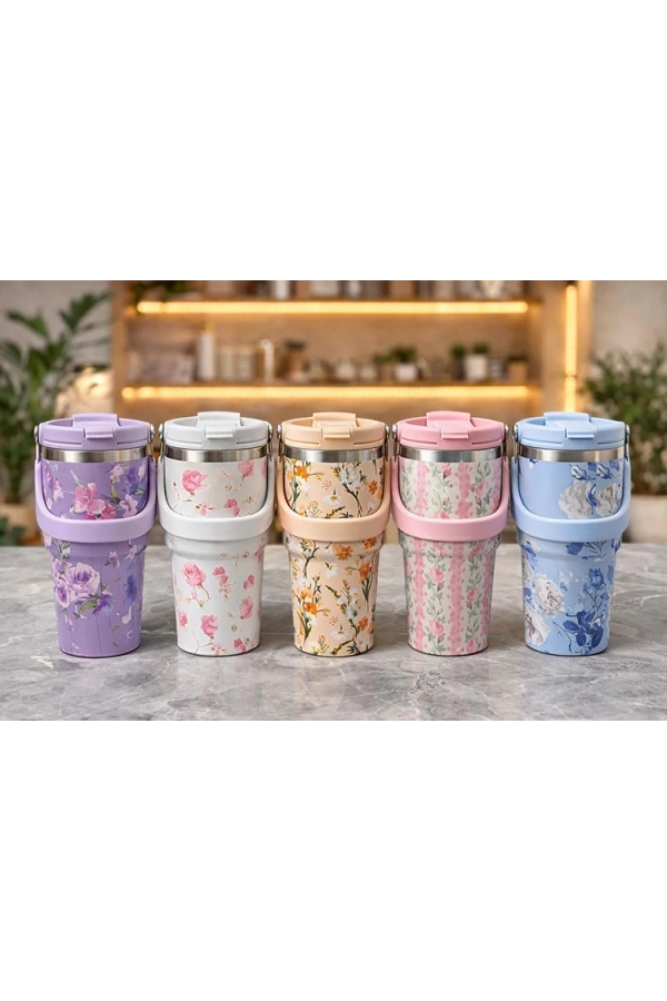 Bidebuvar Çiçek Desenli 700 ml Taşıma Kulplu Paslanmaz Çelik Termos Mug Bardak