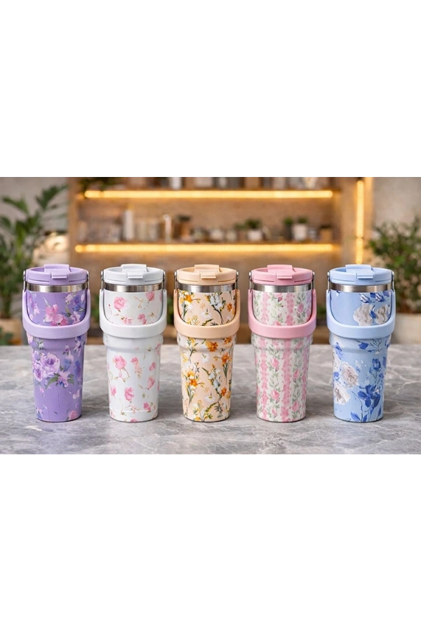 Bidebuvar Çiçek Desenli 900 ml Taşıma Kulplu Paslanmaz Çelik Termos Mug Bardak