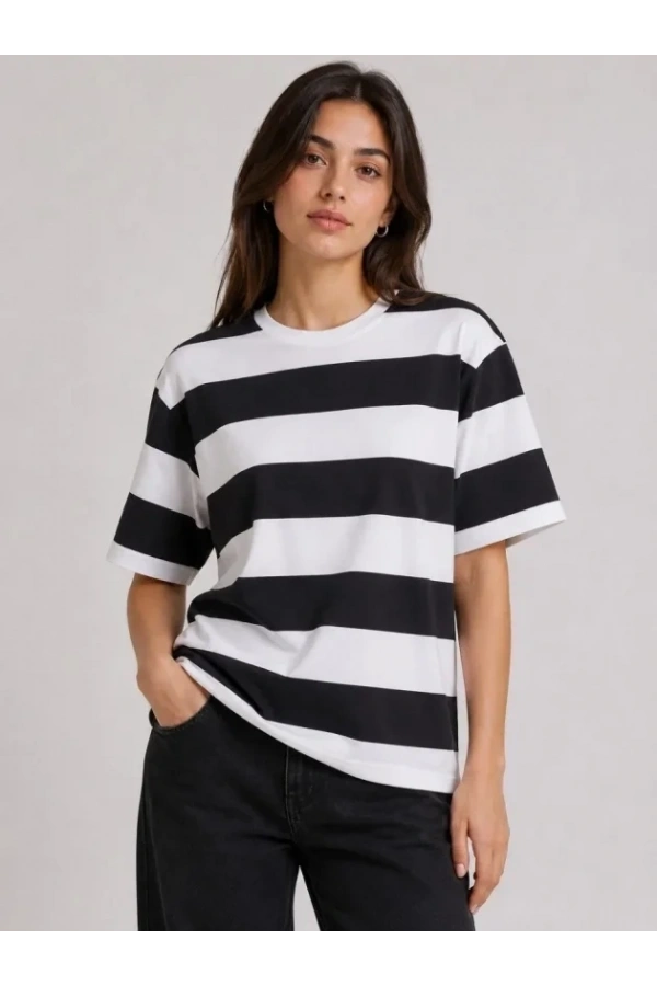 Bidebuvar Çizgili Oversize Tişört Bisiklet Yaka Kısa Kol Yazlık T-Shirt - Siyah