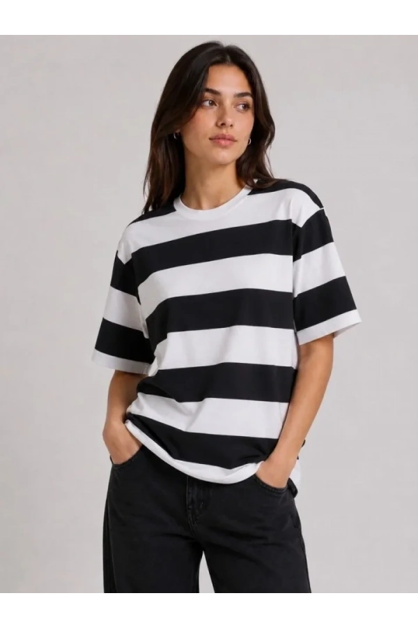 Bidebuvar Çizgili Oversize Tişört Bisiklet Yaka Kısa Kol Yazlık T-Shirt - Siyah