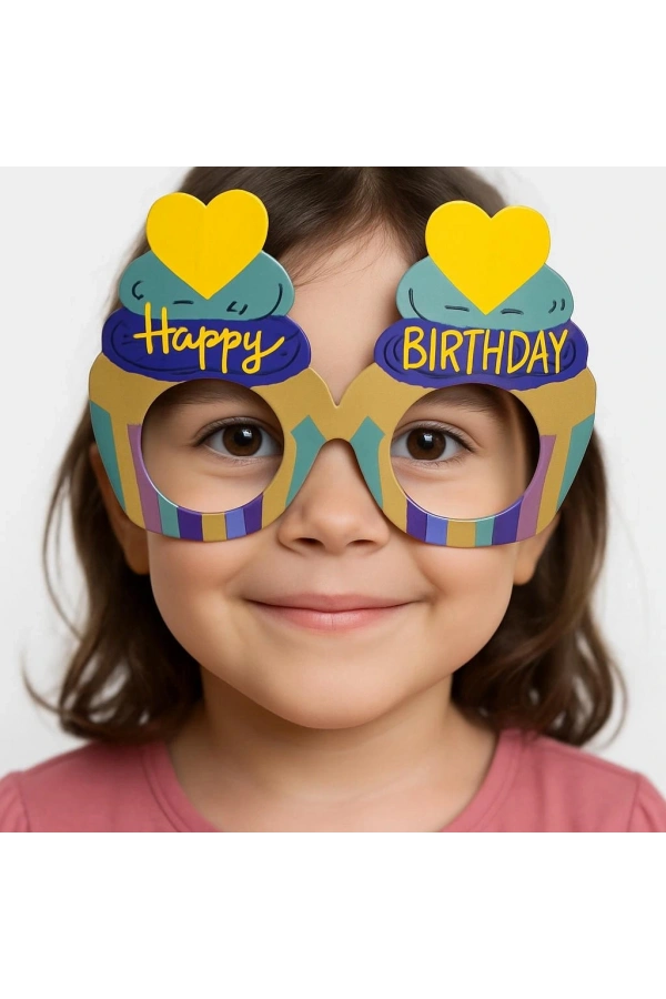 Bidebuvar Cupcake Temalı Doğum Günü Renkli Karton Happy Birthday Gözlüğü 6 Adet
