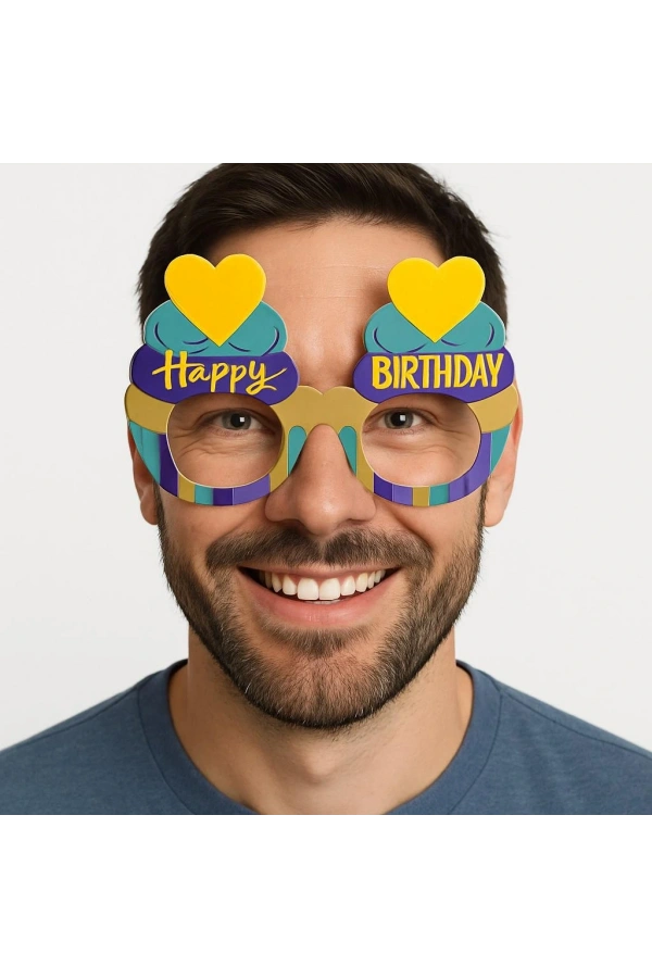 Bidebuvar Cupcake Temalı Doğum Günü Renkli Karton Happy Birthday Gözlüğü 6 Adet
