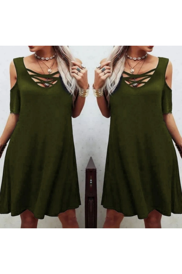 Bidebuvar Dekolteli Bağcık Detay Viskon Kumaş Elbise