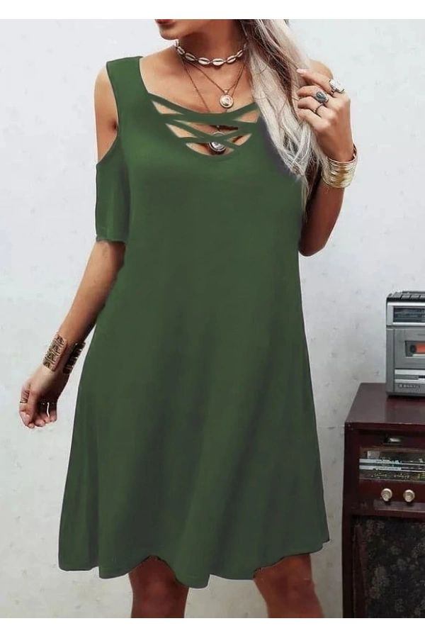 Bidebuvar Dekolteli Bağcık Detay Viskon Kumaş Elbise