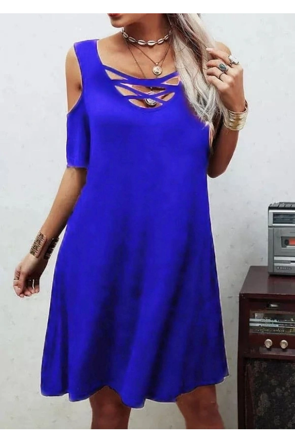 Bidebuvar Dekolteli Bağcık Detay Viskon Kumaş Elbise